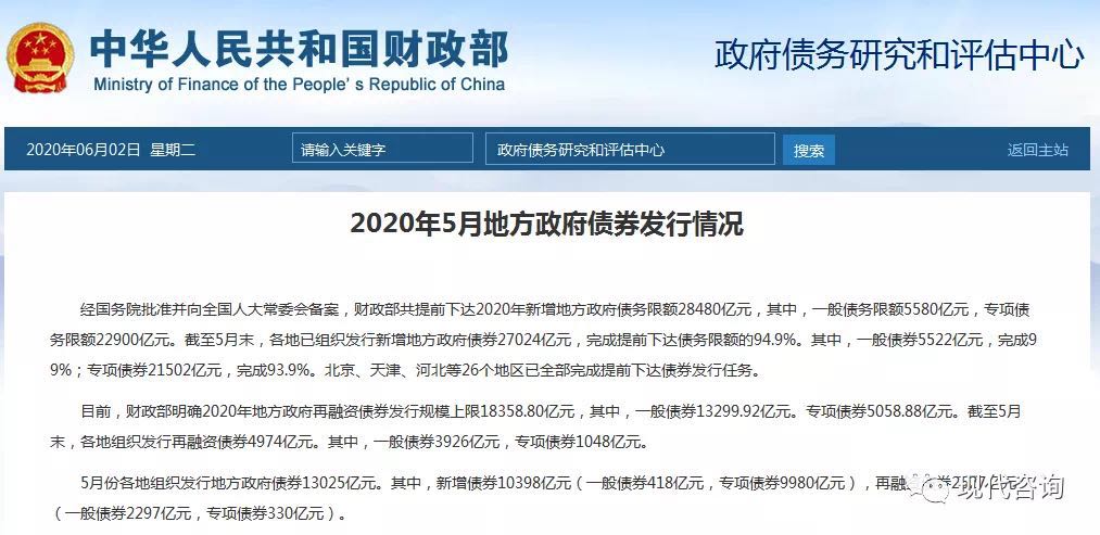 财政部发布2020年5月地方政府债券发行情况