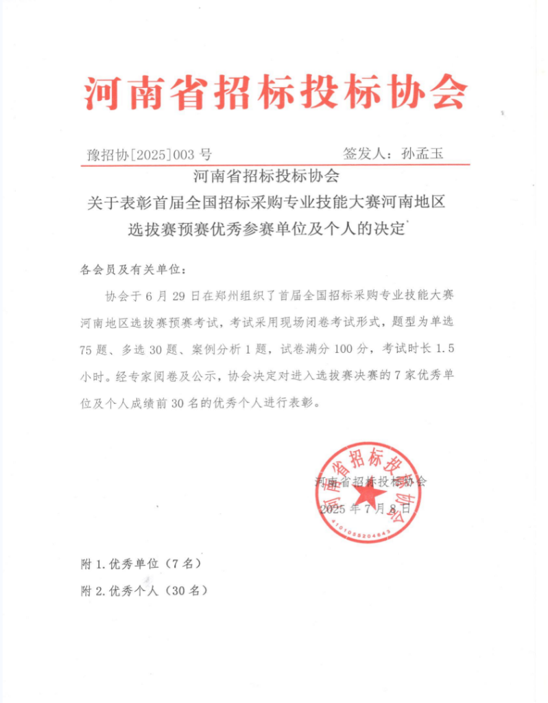 喜报 | 我司荣获首届全国招标采购专业技能大赛河南地区选拔赛“优秀单位”，王浩、李海鹤、张超三位同志获评“优秀个人”